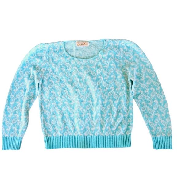 Vintage Kate Collins Blue Knit Puff Shoulder Paisley Pattern Crew Neck Sweater S - Picture 1 of 6